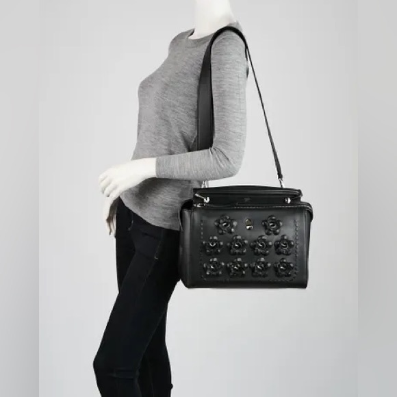 Fendi Dotcom Black Leather Bag Flowers Studded with Matching Strap Satchel - Picture 14 of 14
